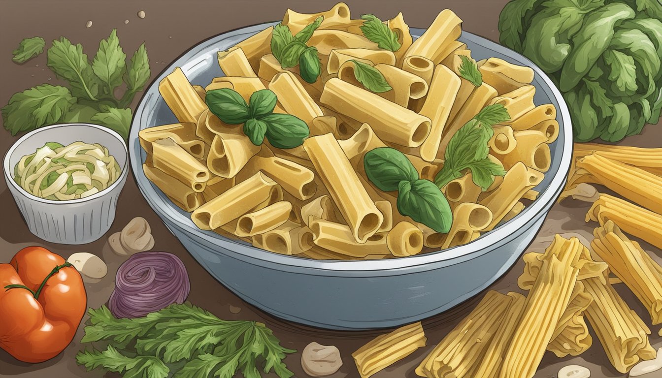 A bowl of rigatoni pasta sits on a kitchen counter, surrounded by moldy vegetables and a foul odor. The pasta appears discolored and slimy, indicating spoilage