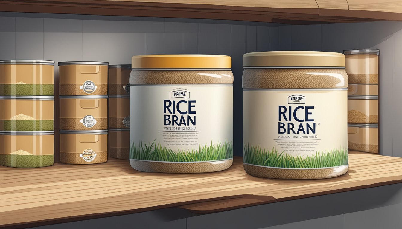 A sealed container of rice bran sits on a shelf in a cool, dry pantry