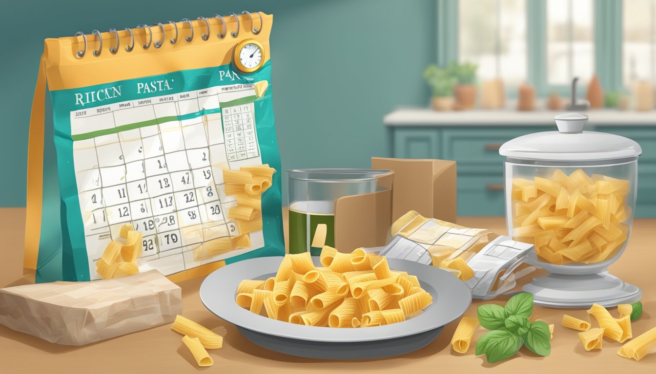 A kitchen counter with a sealed package of rigatoni pasta, a calendar with the date circled, and a clock showing the current time