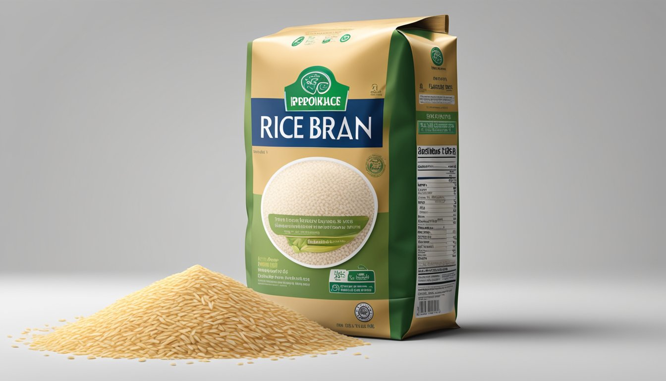 A bag of rice bran sits on a shelf, with a clear expiration date label and no signs of spoilage