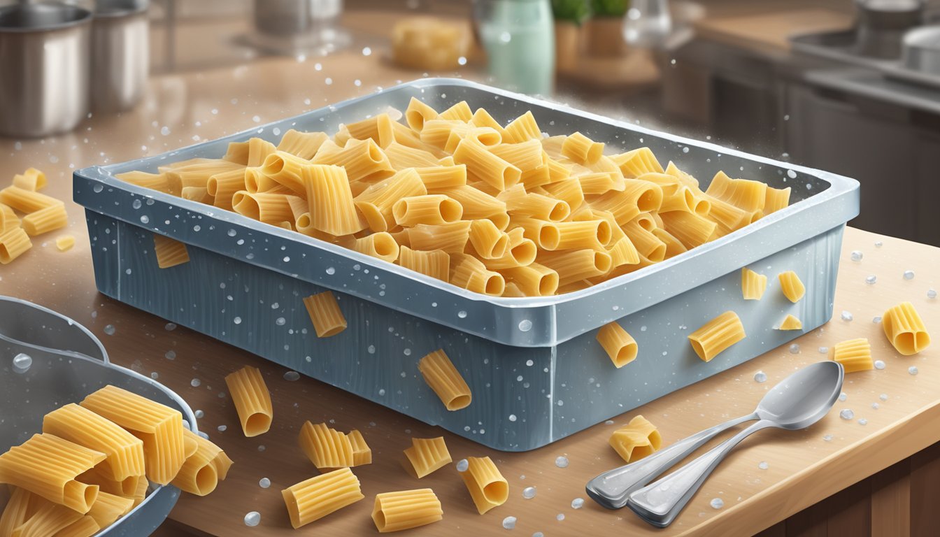 A box of rigatoni pasta sits on a kitchen counter, surrounded by frost and droplets of water as it transitions from frozen to thawed