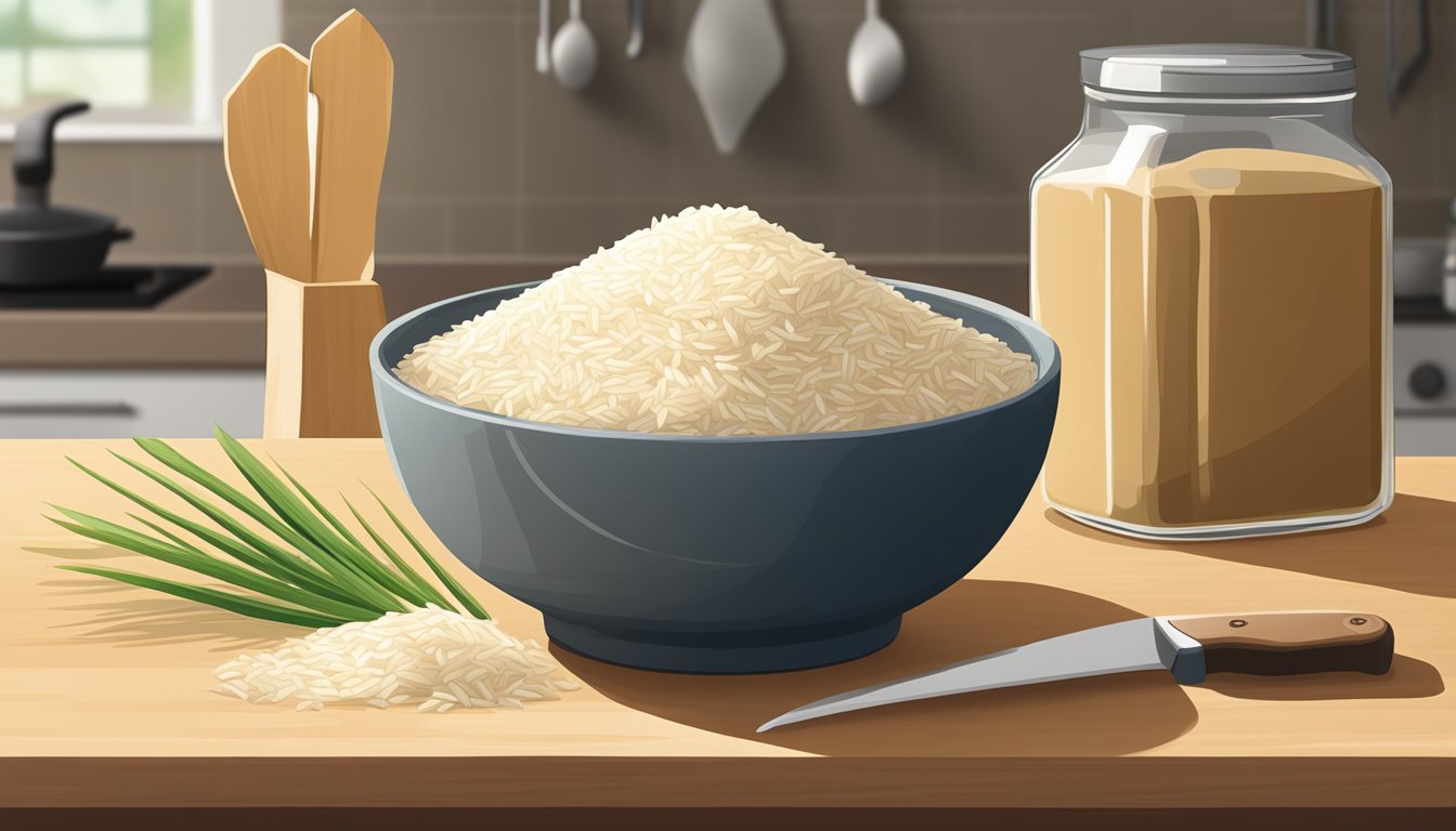 A bowl of rice bran sits on a kitchen counter next to a bag of rice. A chef's knife and cutting board are nearby