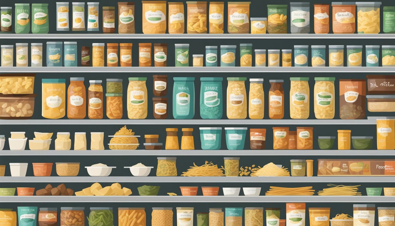 A pantry shelf with various pasta substitutes and alternatives, including rigatoni, in labeled containers with varying expiration dates