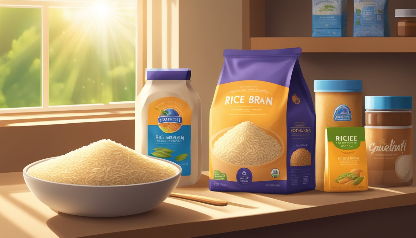 A bag of rice bran sits on a shelf, surrounded by other food items. Rays of sunlight shine through the window, casting a warm glow on the packaging