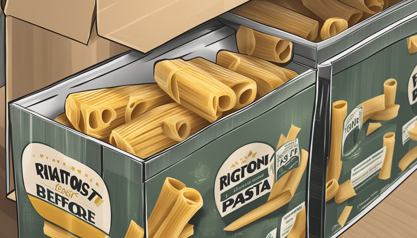 A box of rigatoni pasta sits on a pantry shelf, with a "best before" date visible on the packaging