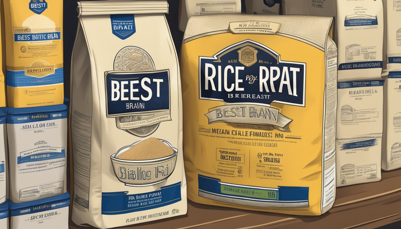 A bag of rice bran sits on a shelf, sealed and untouched, with a "best by" date clearly displayed