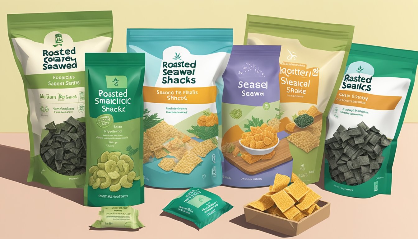 A package of roasted seaweed snacks sits on a kitchen counter, surrounded by other healthy snack options. The package is unopened and shows no signs of spoilage