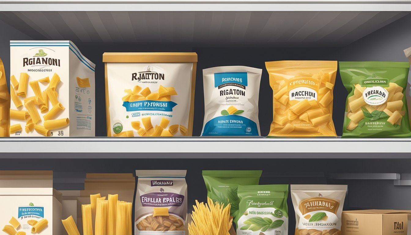 A package of rigatoni pasta sits on a kitchen shelf, next to other dry goods. The expiration date is visible on the packaging