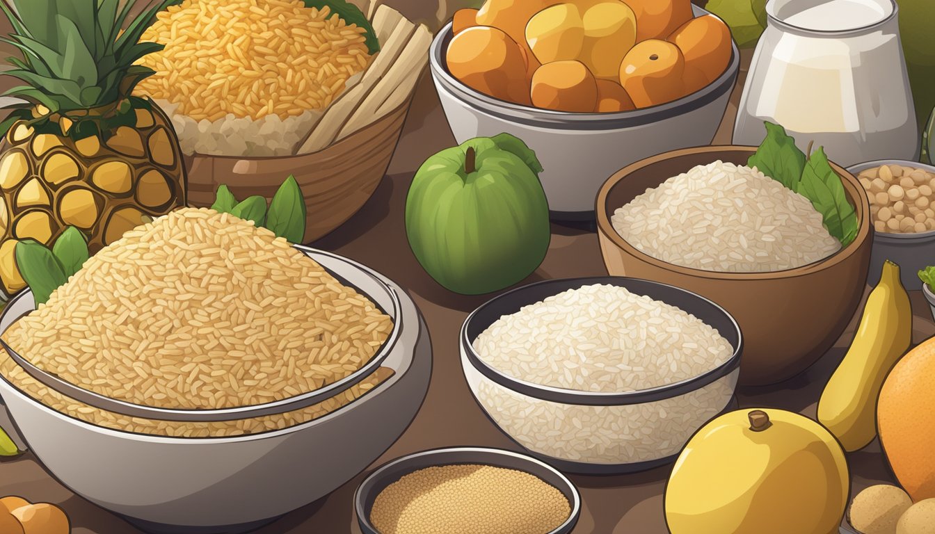 A bowl of rice bran sits next to various other foods, such as fruits, vegetables, and grains. The rice bran is in the foreground, with the other foods arranged in the background