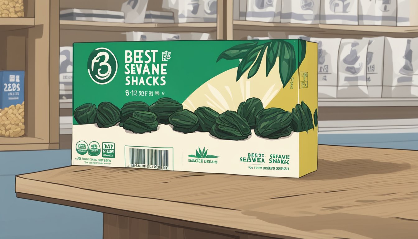 A package of roasted seaweed snacks sits on a shelf, with a "best by" date clearly displayed. A few sheets of seaweed are scattered nearby