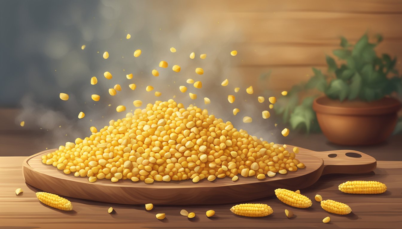 A pile of roasted corn on a wooden cutting board, with a few kernels scattered around, and a faint wisp of steam rising from the golden cobs