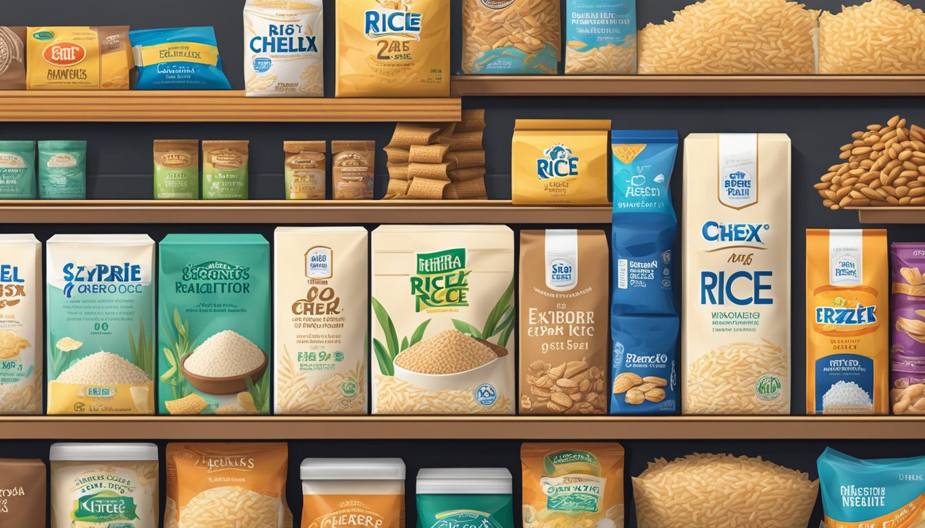 A box of Rice Chex sits on a pantry shelf, surrounded by other dry goods. The expiration date is visible on the packaging