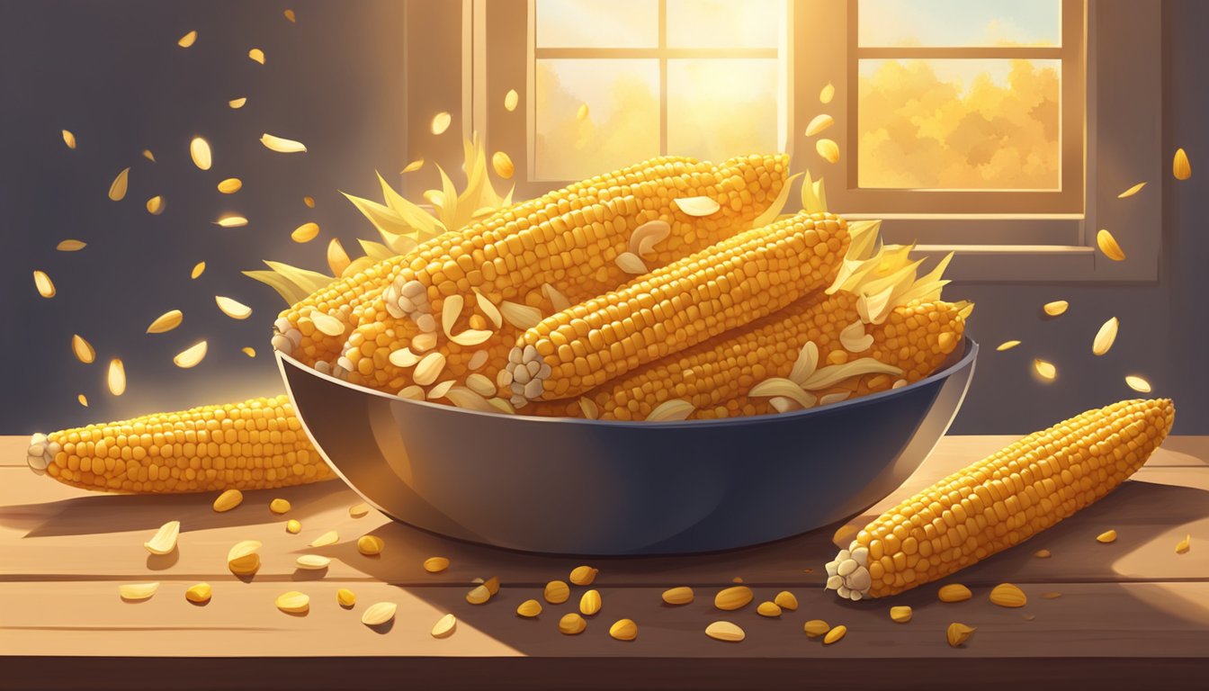 A pile of roasted corn sits on a wooden table, surrounded by husks and scattered kernels. The sun shines through a window, casting a warm glow on the golden kernels