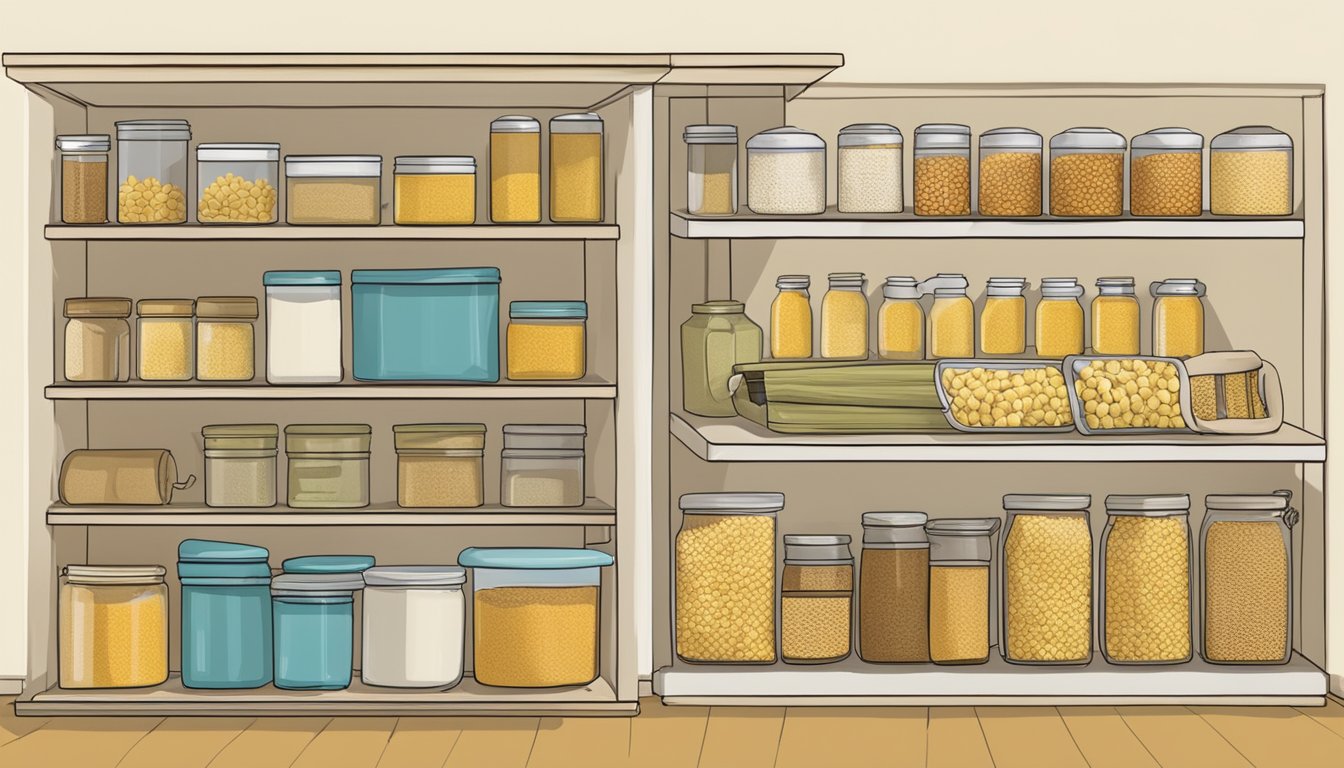 A pantry shelf with a sealed container of roasted corn, labeled with a "use by" date, alongside a diagram of proper storage techniques for corn