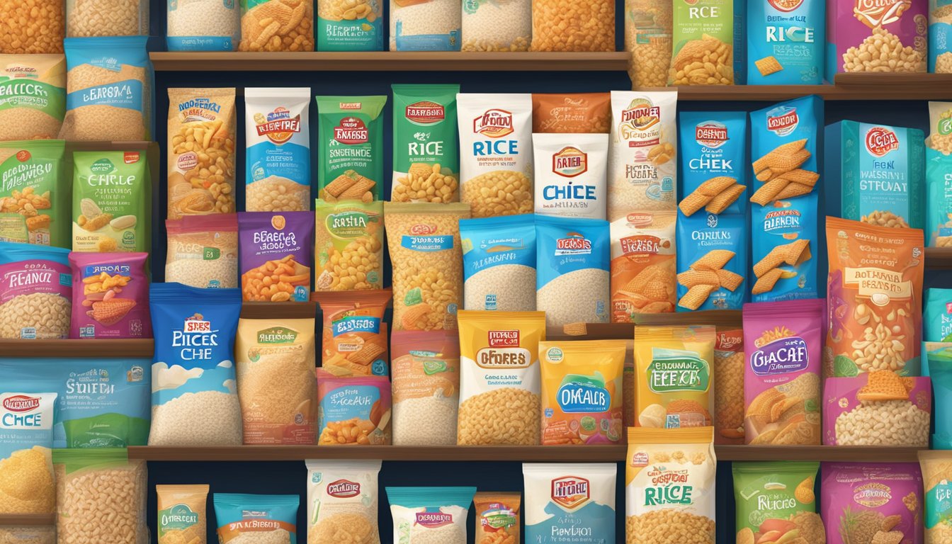 A box of Rice Chex sits unopened on a pantry shelf, surrounded by other dry goods. The packaging is bright and colorful, and the cereal inside appears crisp and fresh