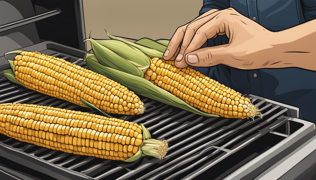 A hand reaching for an ear of corn, husking it, and placing it on a grill for roasting