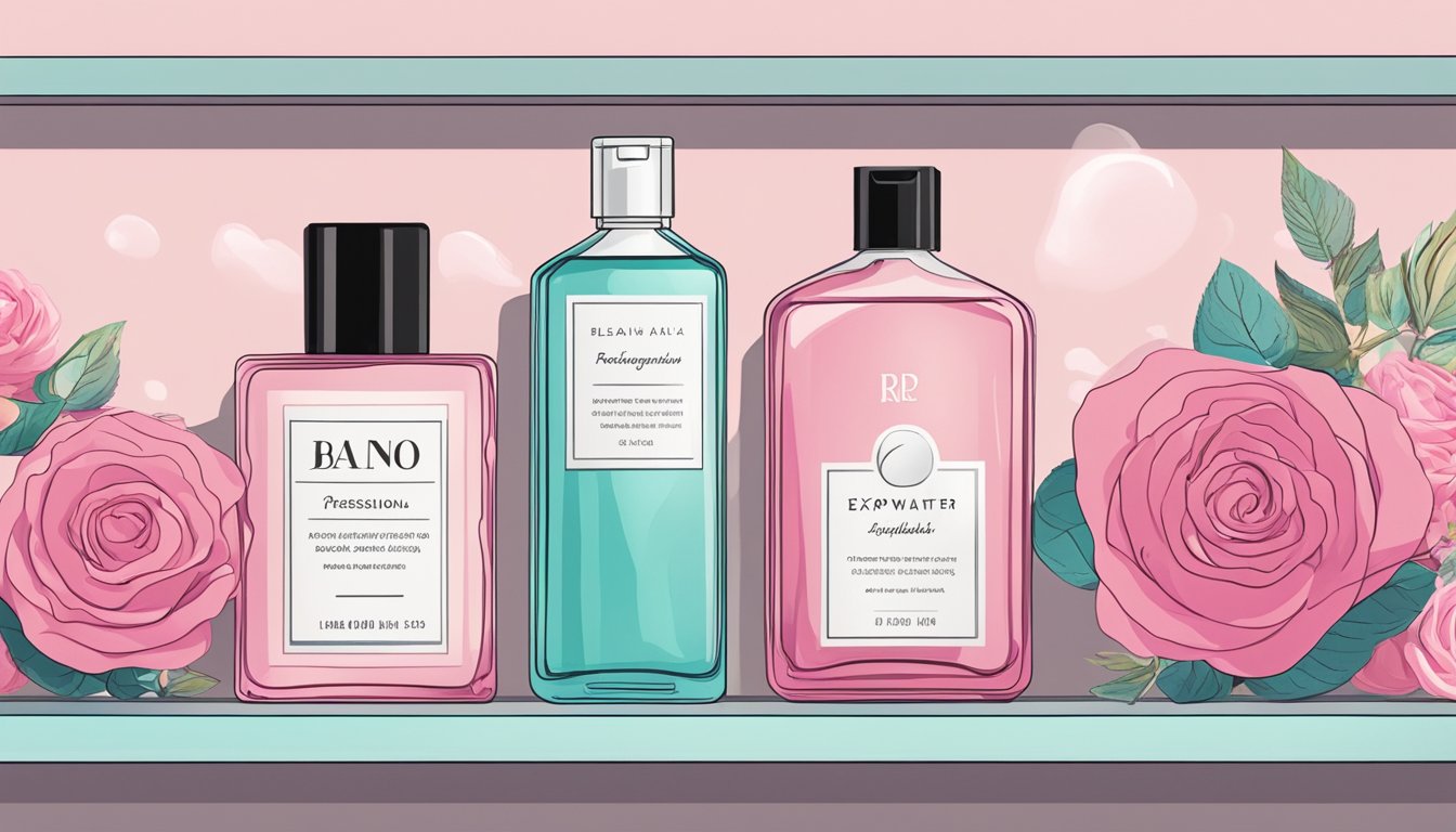 A bottle of rose water sits on a shelf, surrounded by other beauty products. The label indicates the expiration date, while the liquid inside remains clear and fragrant