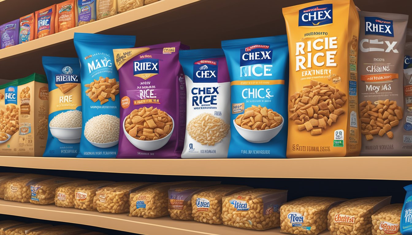 A bowl of Rice Chex sits on a shelf next to other Chex Mix varieties. The expiration date on the package is visible