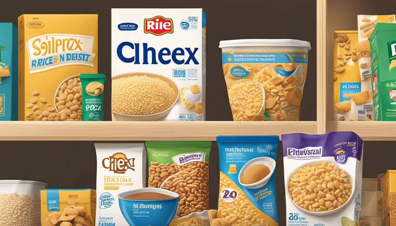 A box of Rice Chex sits on a pantry shelf, surrounded by other cereal boxes and kitchen items. The expiration date is clearly visible on the packaging