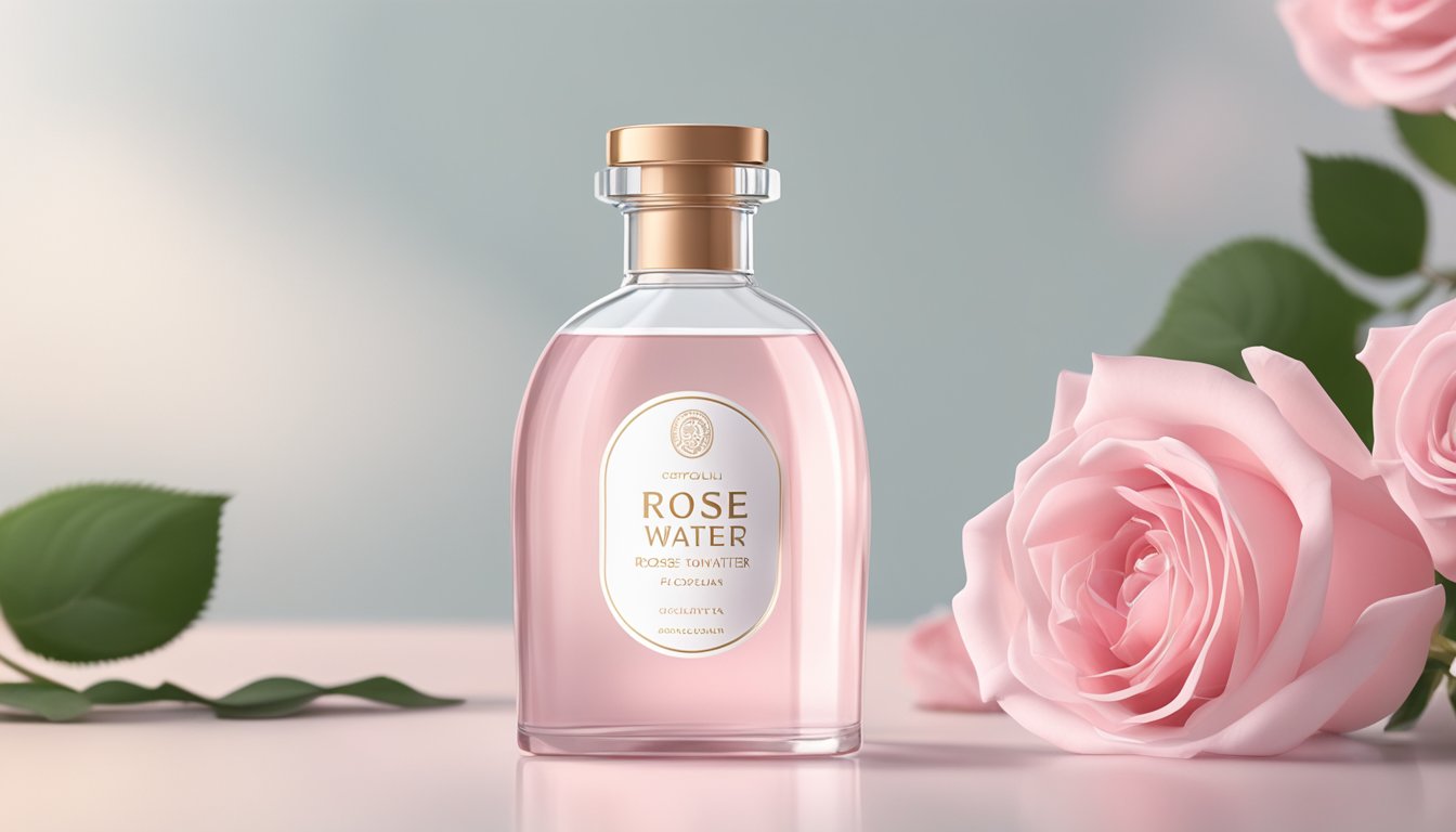 A clear glass bottle of rose water sits on a clean, white vanity with soft pink roses in the background