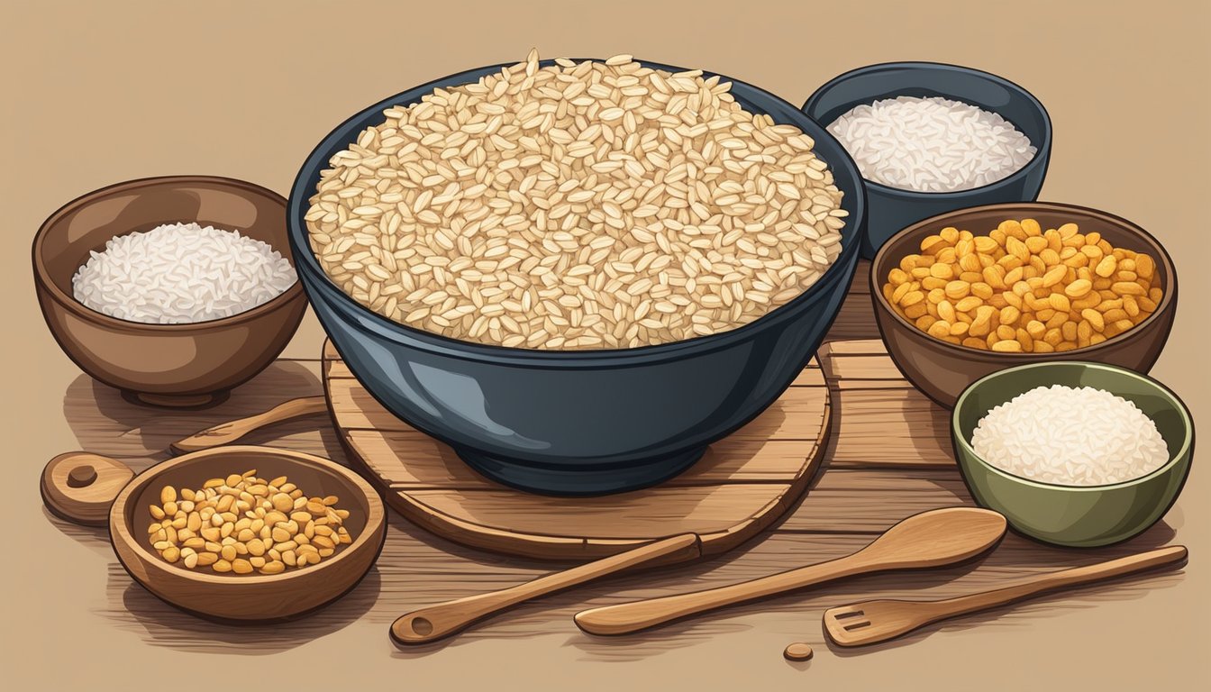 A bowl of Rice Chex sits on a rustic wooden table, surrounded by various ingredients and kitchen utensils. The cereal appears fresh and crunchy, ready to be used in a creative recipe