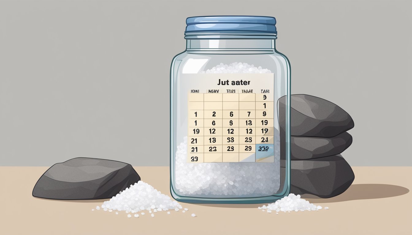 A pile of rock salt sits in a glass jar with a tight lid, next to a calendar showing the current date and a date from a year ago