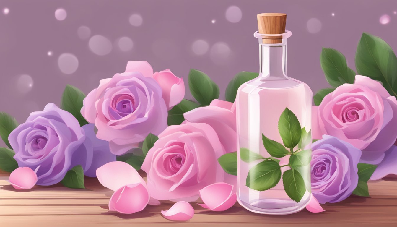 A clear glass bottle of rose water sits on a wooden table, surrounded by fresh rose petals and a sprig of lavender