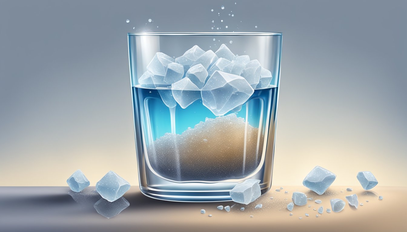 A pile of rock salt slowly dissolving in a glass of water