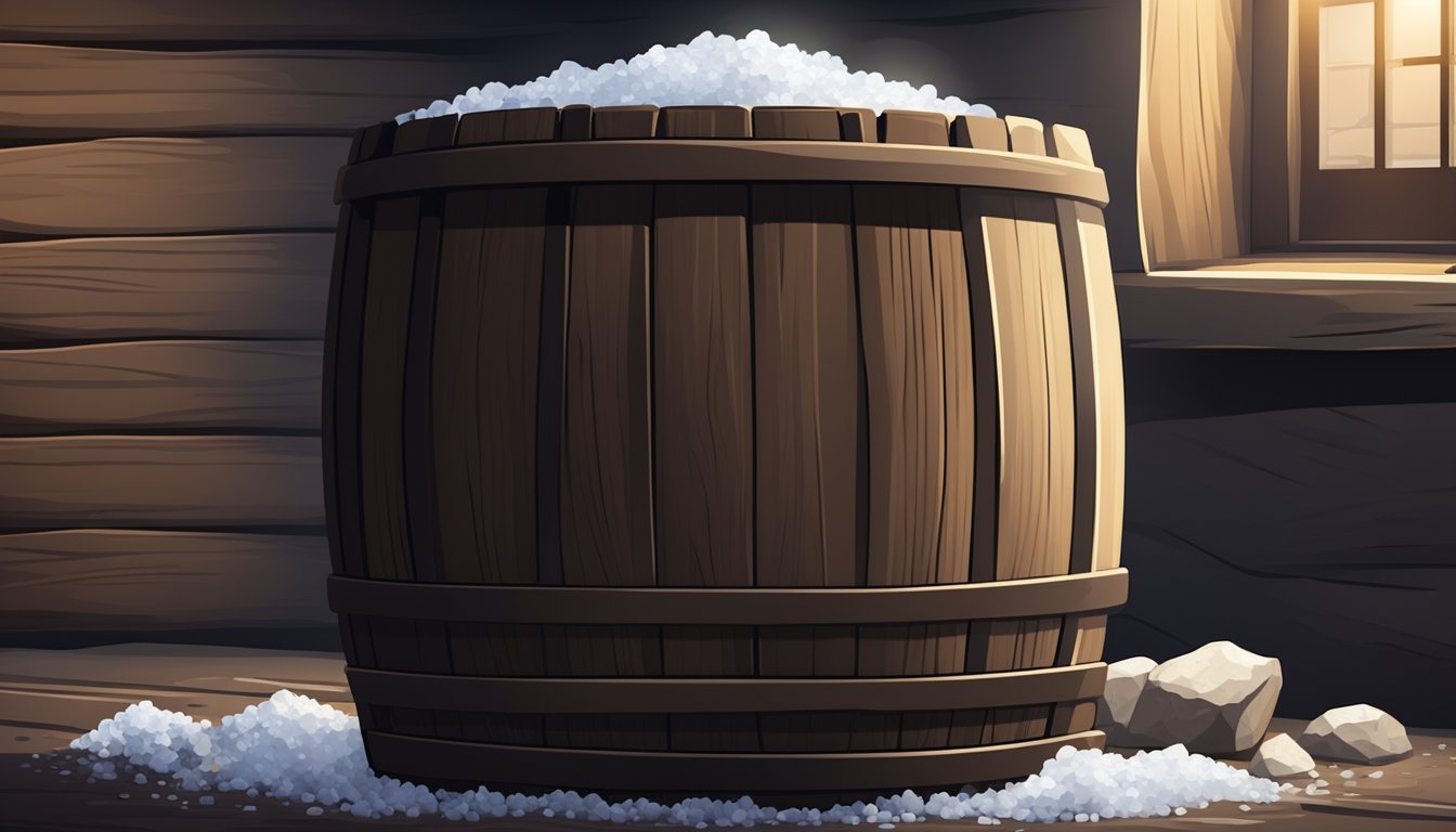 A wooden barrel filled with rock salt, sealed with a lid, and stored in a cool, dark cellar. A calendar on the wall shows the passage of time