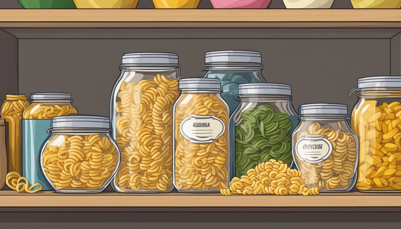 A jar of rotini pasta sits on a kitchen shelf, surrounded by other types of pasta. The label on the jar indicates the expiration date