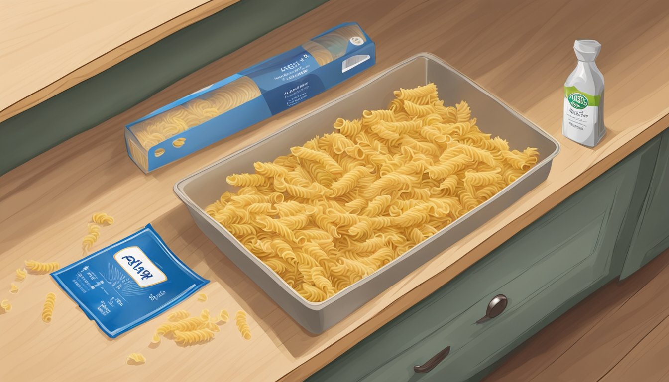 A box of rotini pasta sits on a kitchen shelf, its expiration date label clearly visible. A few strands of pasta have spilled out onto the counter