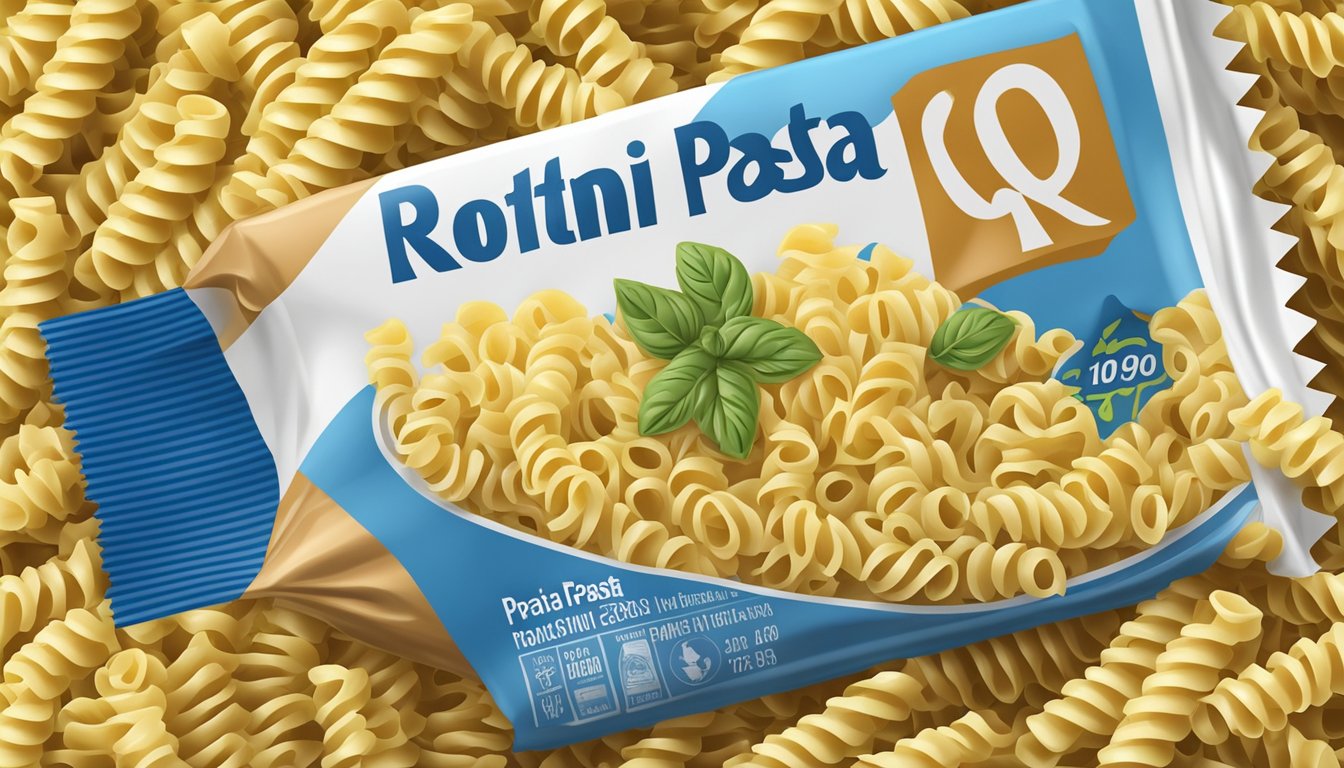 A sealed package of rotini pasta with a visible expiration date