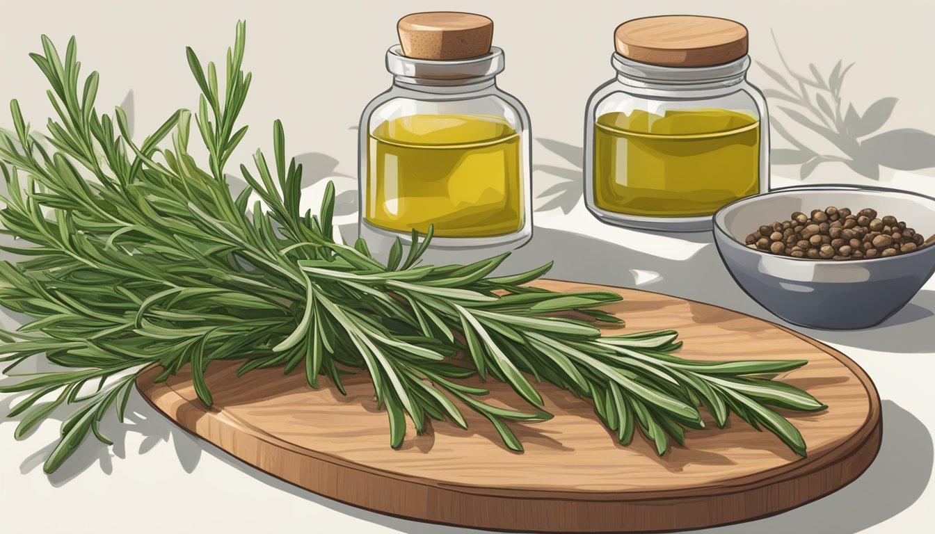 A sprig of rosemary sits on a countertop, surrounded by other herbs and spices. Its fragrant green leaves are still vibrant, indicating freshness