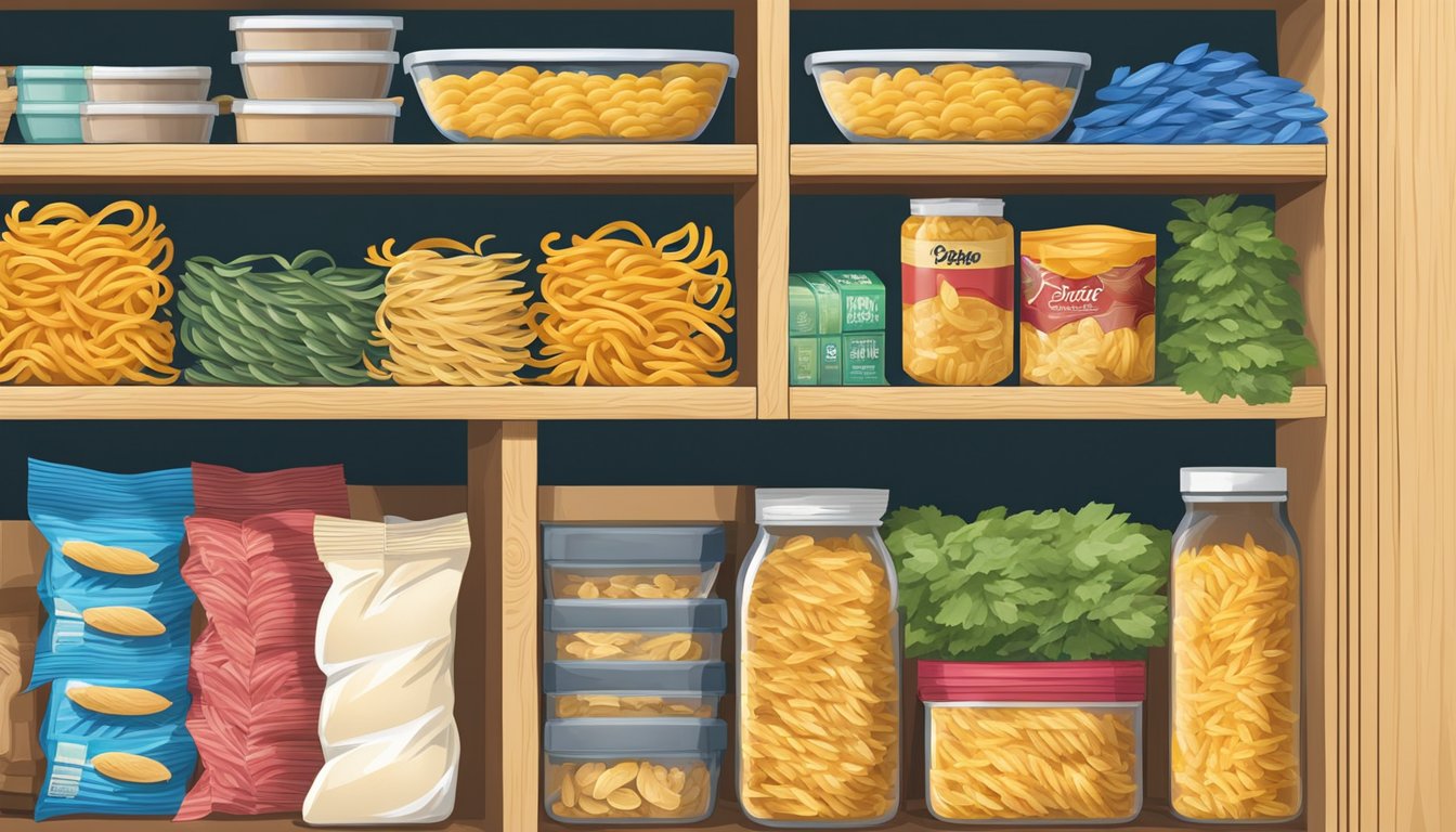 A sealed package of rotini pasta sitting on a pantry shelf, surrounded by other dry goods