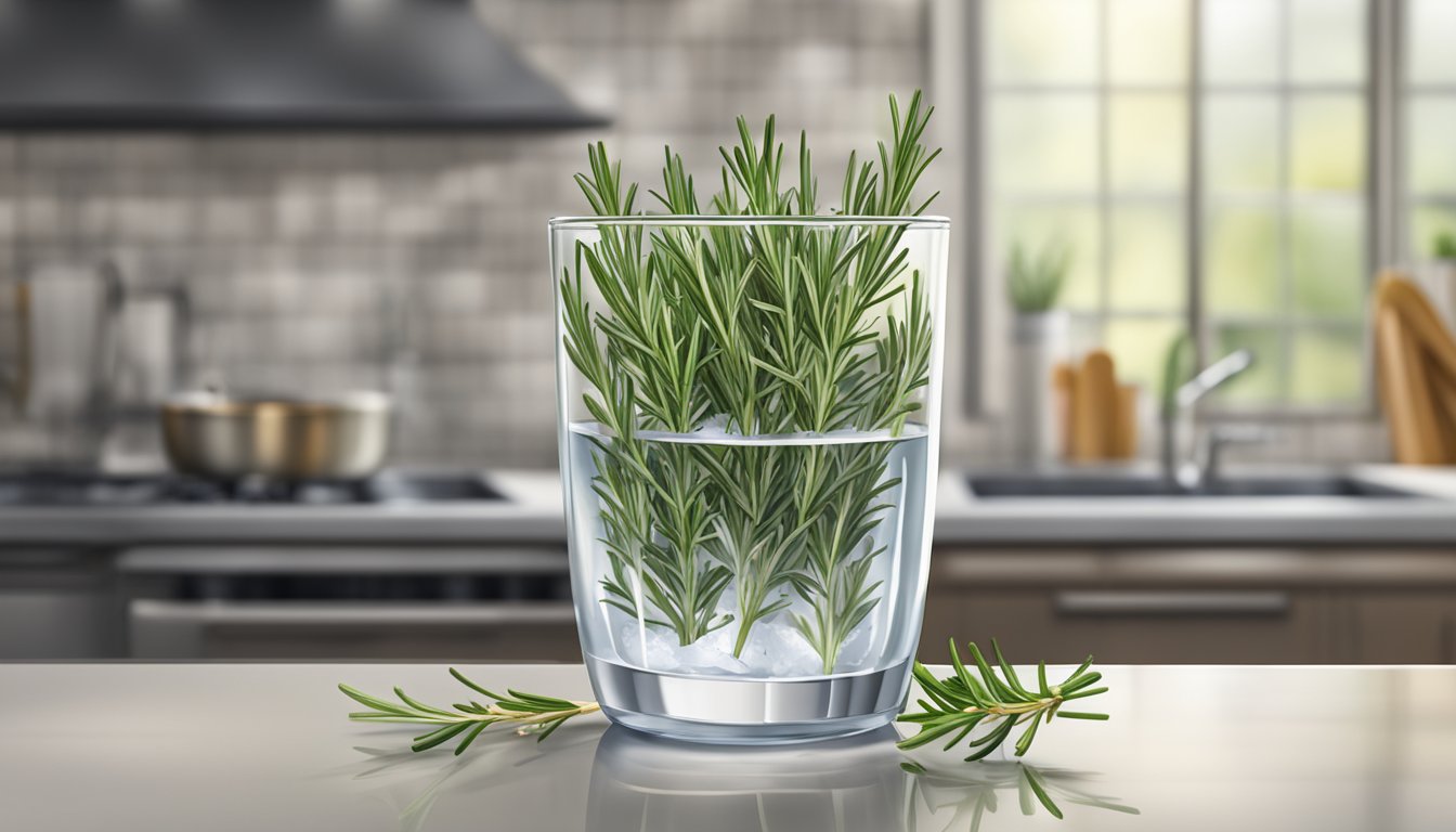 A bundle of fresh rosemary sprigs stored in a glass of water on a kitchen counter