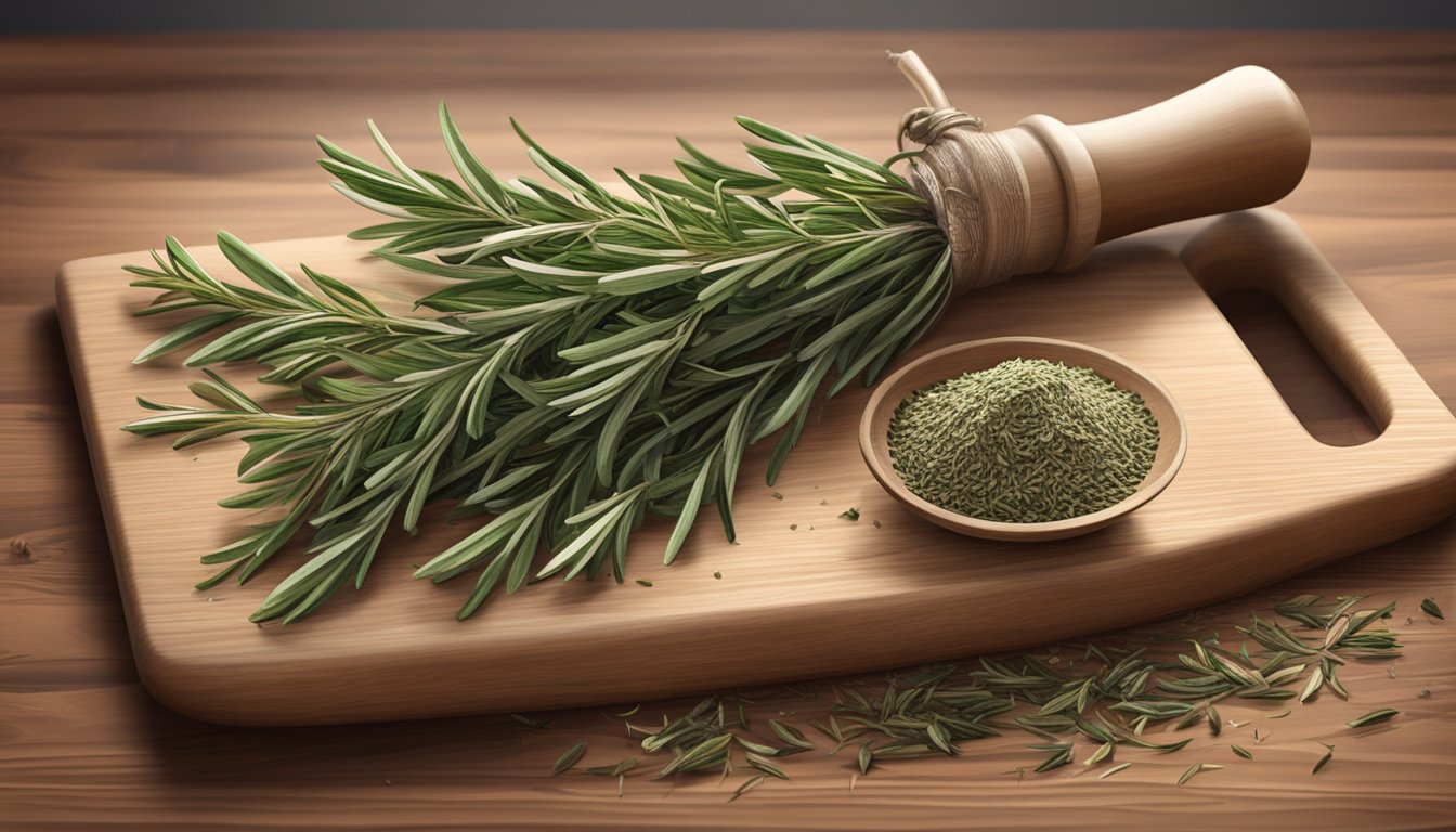 A bundle of dried rosemary sits on a wooden cutting board, surrounded by scattered leaves and a mortar and pestle