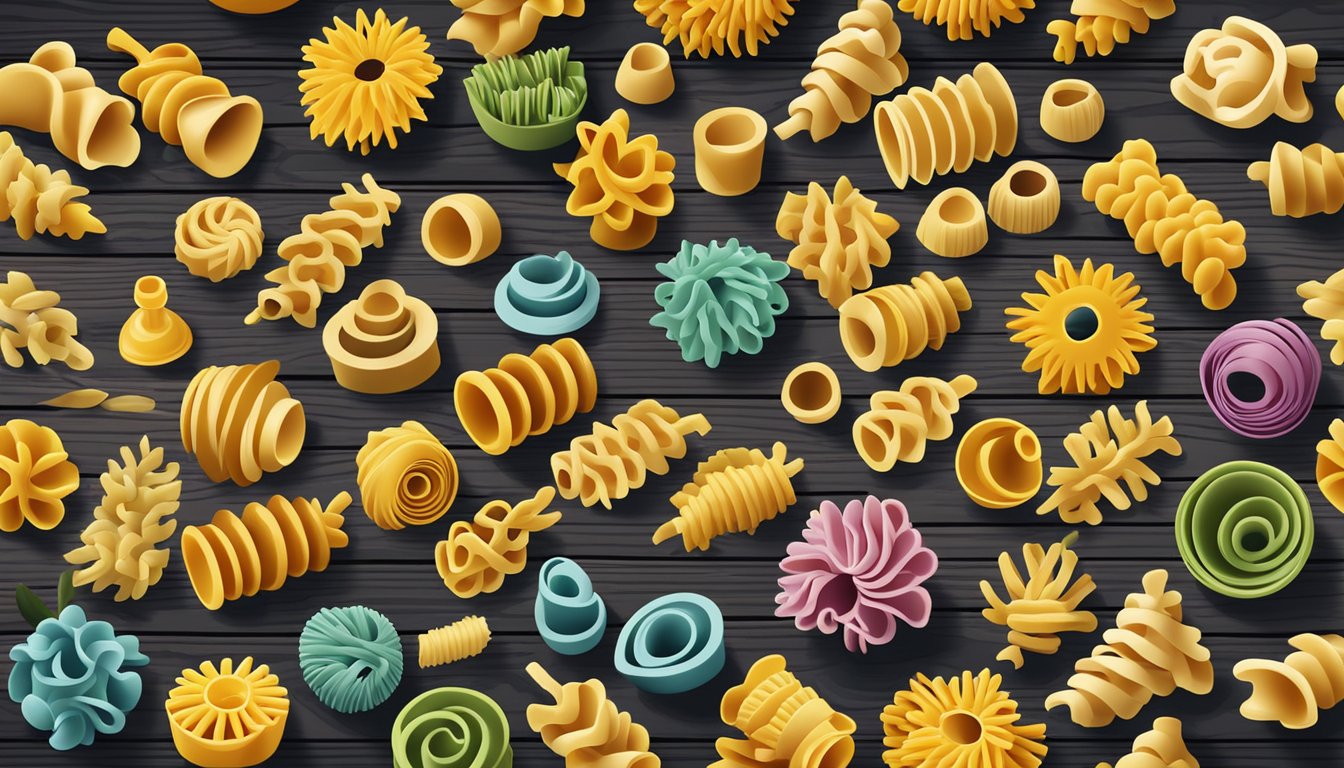 A colorful array of various pasta shapes, including rotini, arranged on a rustic wooden table