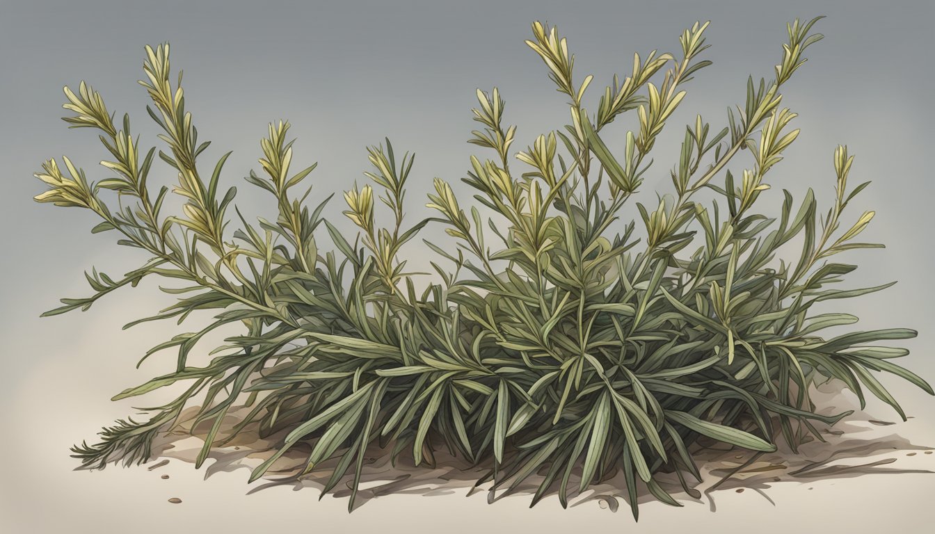 A wilted rosemary plant surrounded by dried leaves and discolored stems