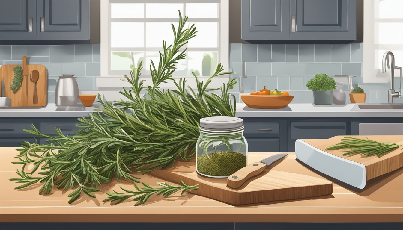 A sprig of rosemary sits on a kitchen counter, alongside a jar of dried herbs and a cutting board with fresh vegetables