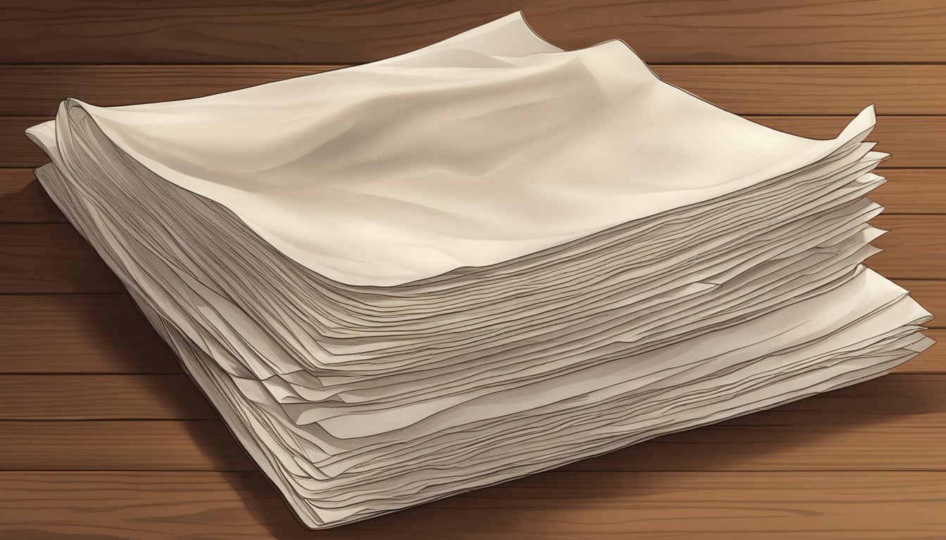 A stack of rice paper sheets on a wooden surface, with a few sheets unfurled to show their texture and translucency