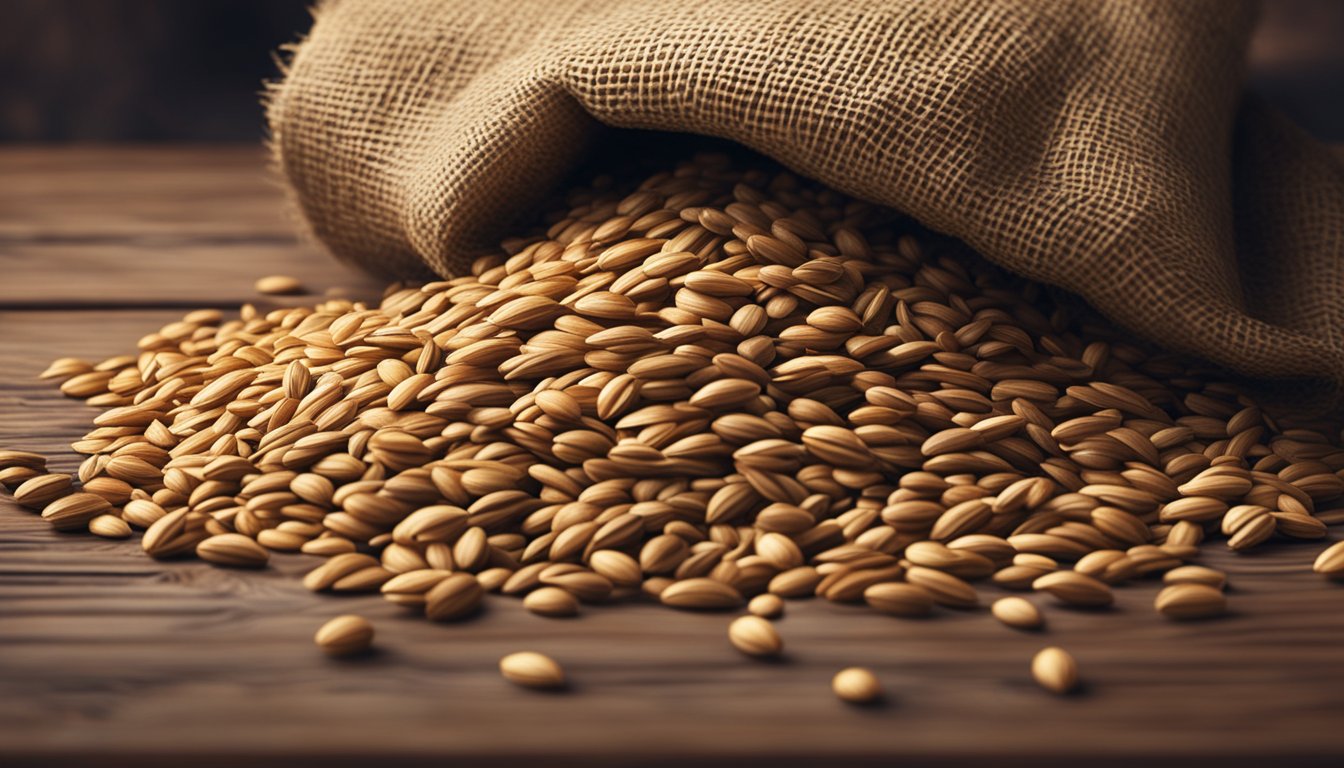 A close-up of a pile of rye berries spilling out of a burlap sack onto a wooden table, with a few scattered on the ground