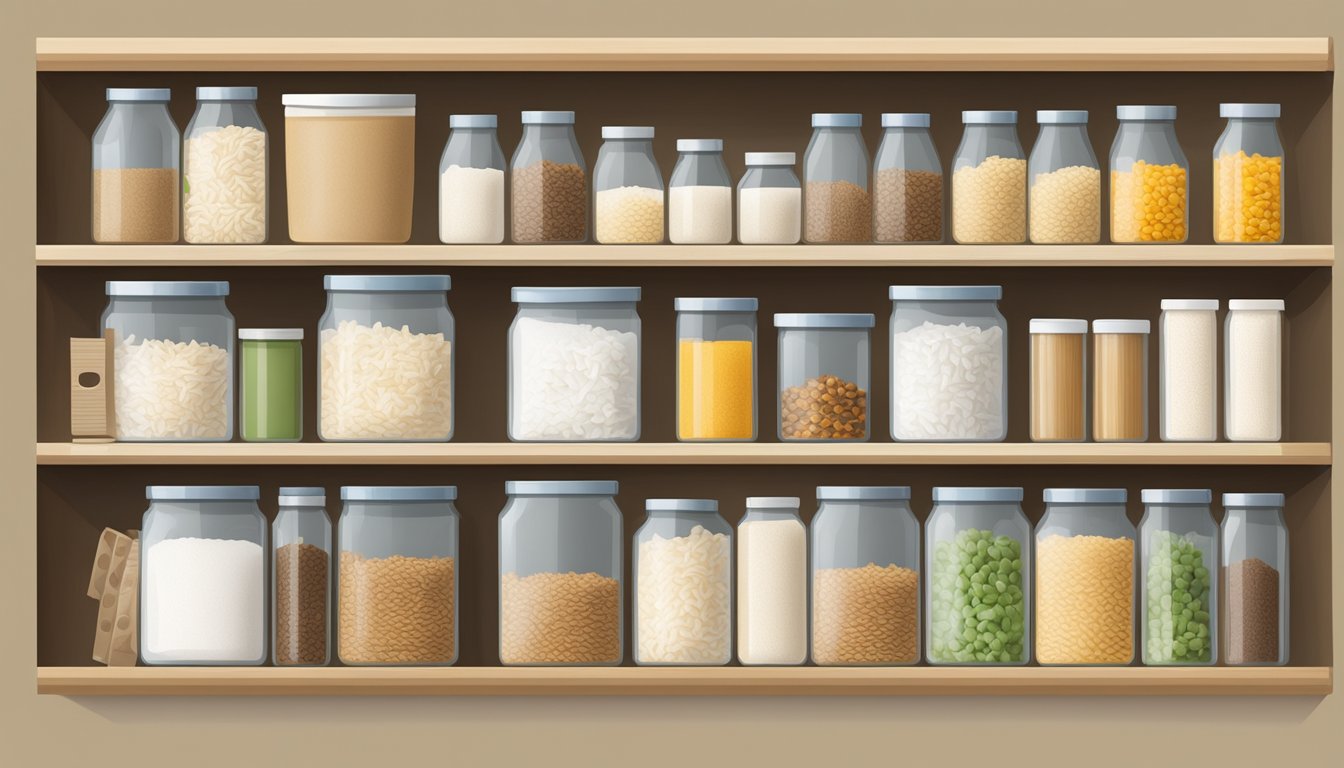 A pantry shelf with neatly organized containers of rice paper and a calendar showing expiration dates