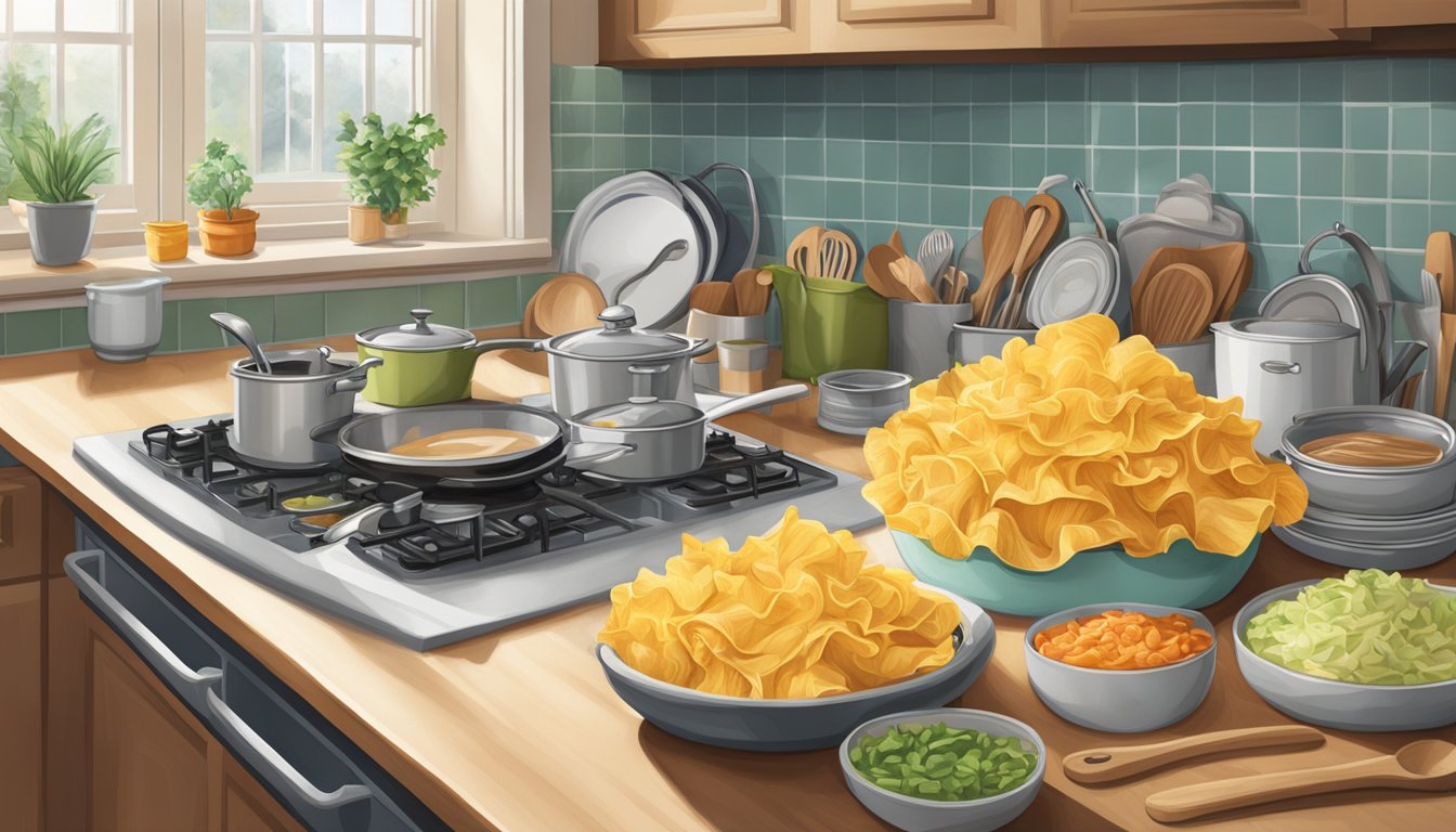 A bag of Ruffles sits unopened on a kitchen counter, surrounded by various cooking utensils and ingredients. A calendar on the wall indicates the current date