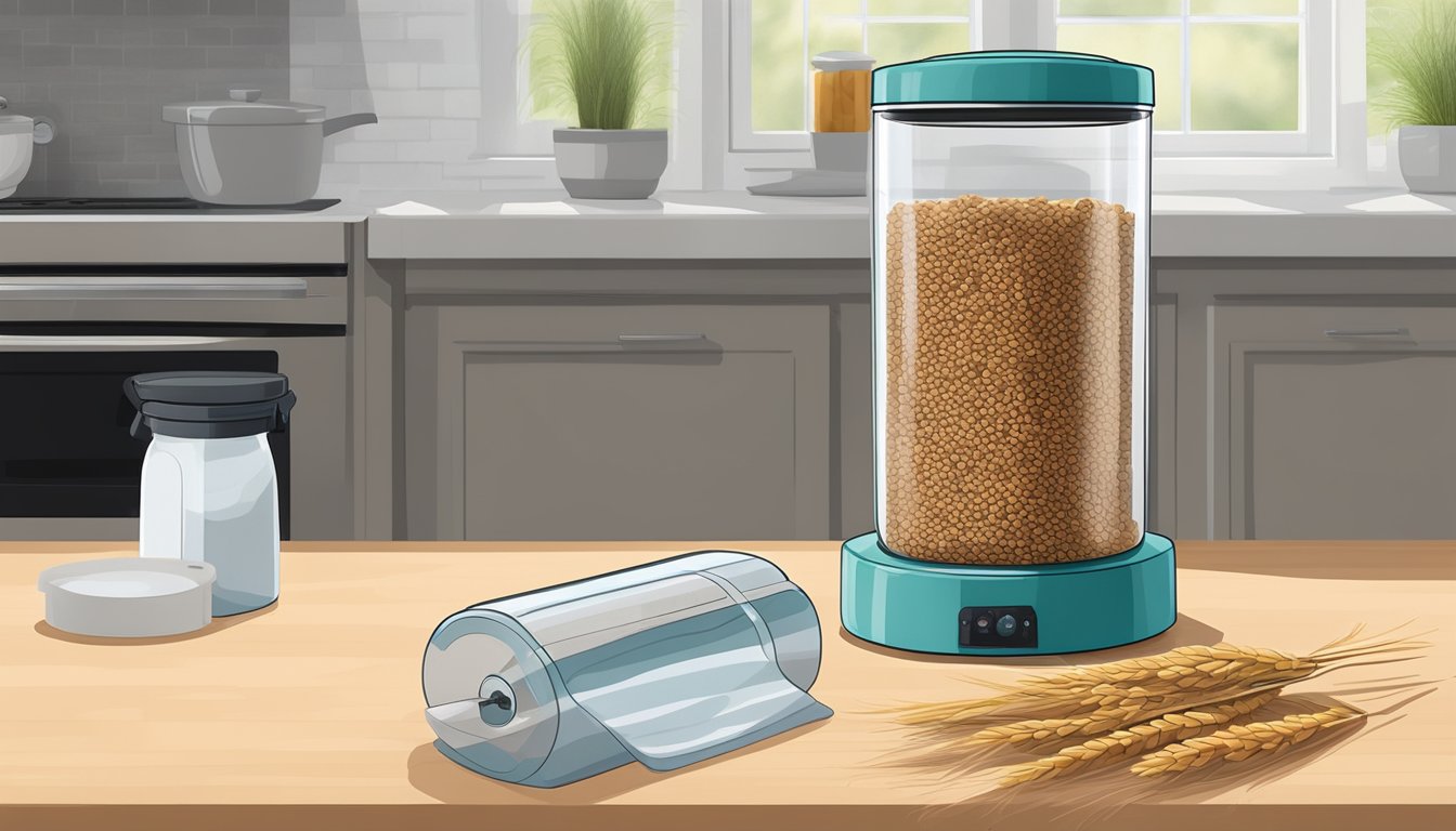 A glass jar filled with rye berries sits on a kitchen counter next to a vacuum sealer and a roll of plastic wrap