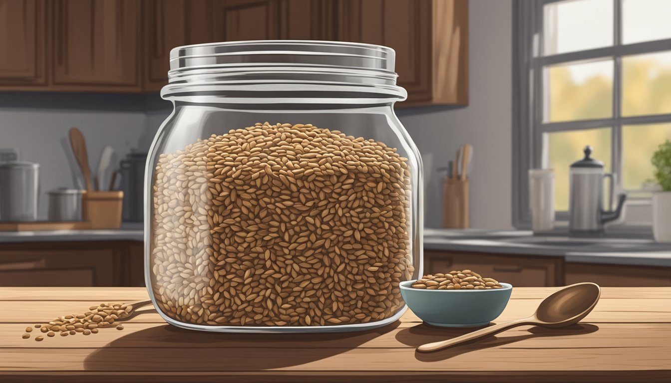 A mason jar filled with rye berries sits on a rustic wooden countertop, surrounded by measuring cups, a bowl, and a spoon