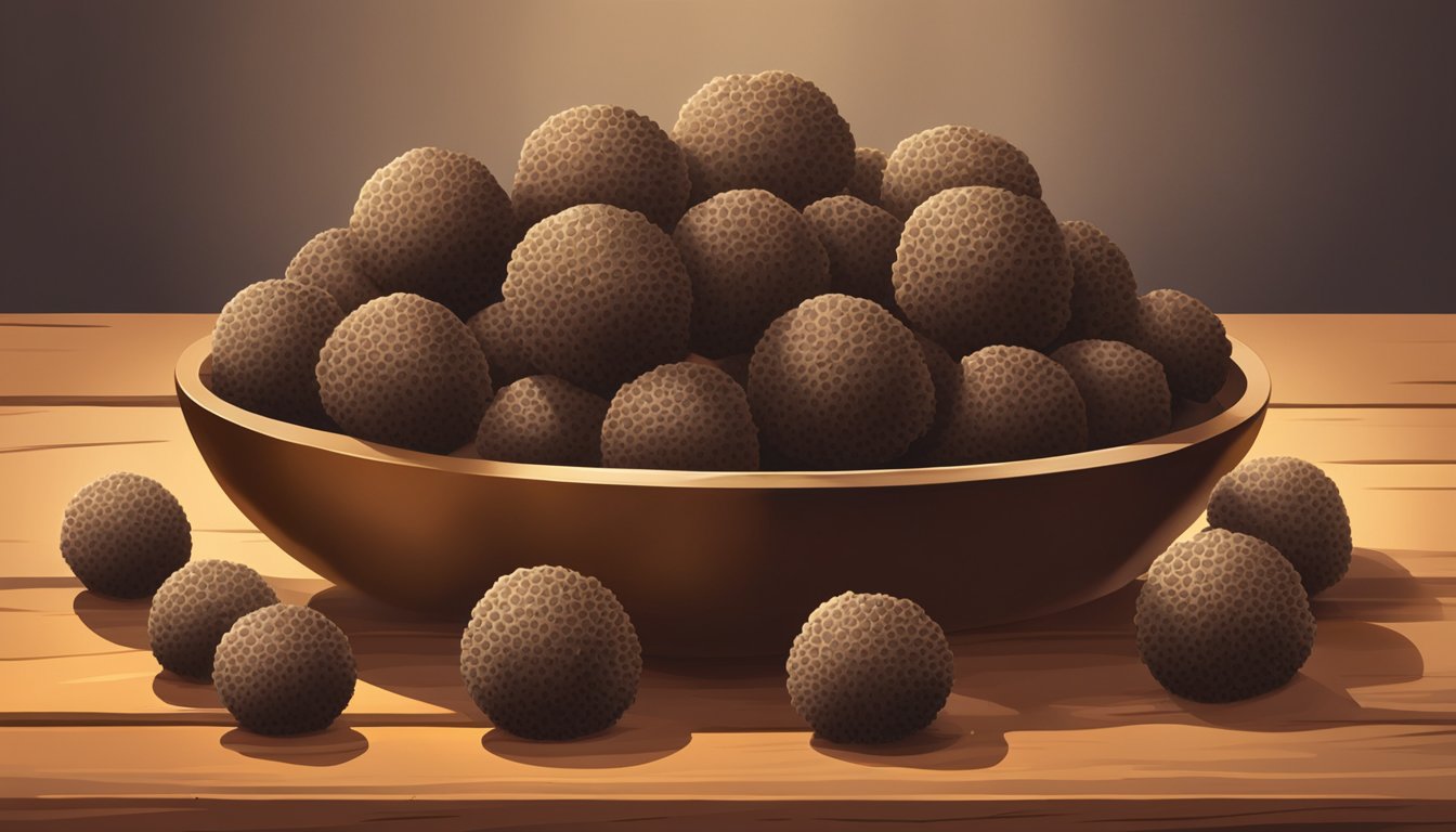 A pile of truffles sits on a wooden table, varying in size and color. Some are round and smooth, while others are irregular and knobby. They are surrounded by a soft glow from the warm lighting in the room