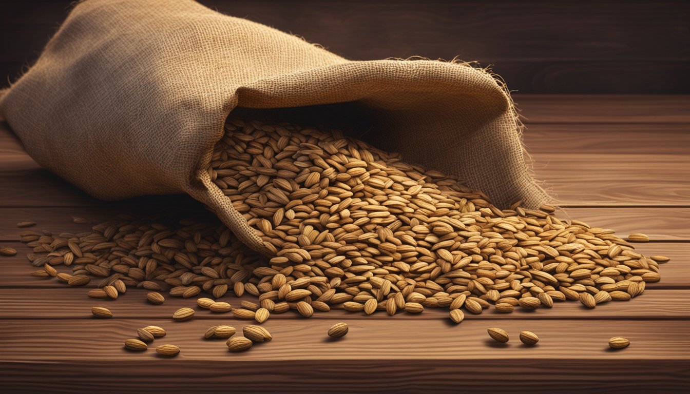 A pile of rye berries spilling out of an open sack, scattered on a rustic wooden table with a few berries rolling off the edge