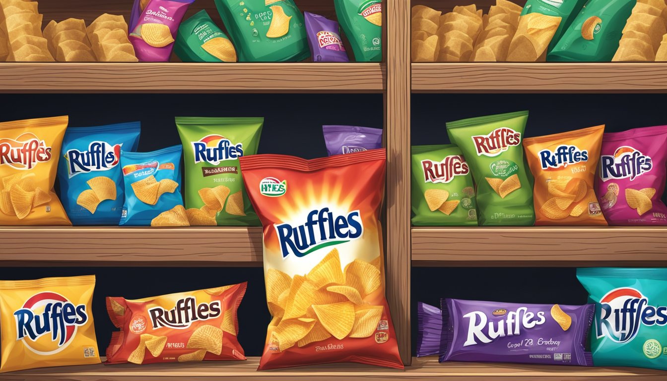 A bag of Ruffles chips sits on a shelf in a pantry, surrounded by other snacks. The expiration date on the bag is clearly visible