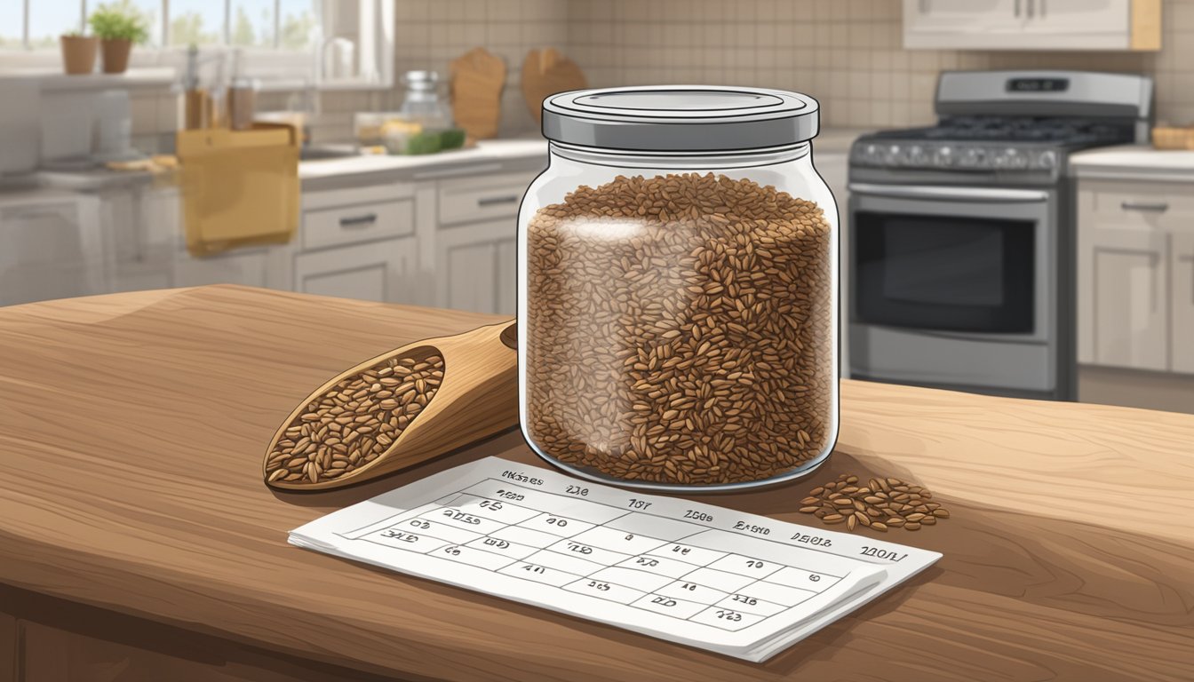 A glass jar filled with rye berries sits on a kitchen counter, next to a calendar showing the current date and a label indicating the date the rye berries were purchased