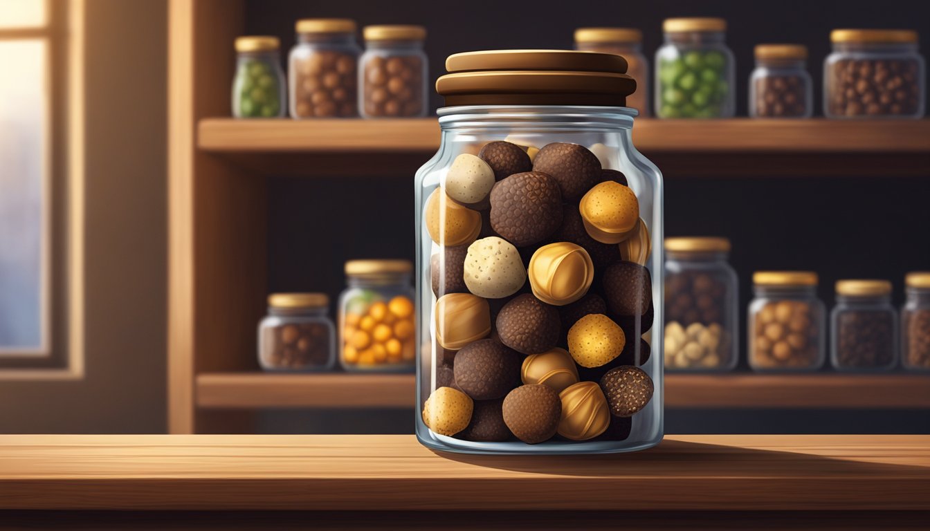 A glass jar filled with truffles sits on a wooden shelf, sealed tightly with a lid. The room is dimly lit, with shelves of preserved foods in the background